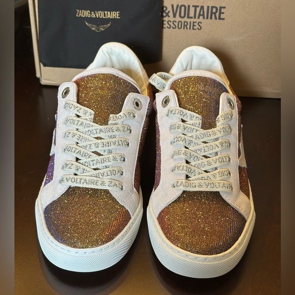 NWOB Zadig & Voltaire LA FLASH SPARKLE Sz 38 Gold Multicolor Lowtops - Picture 6 of 13